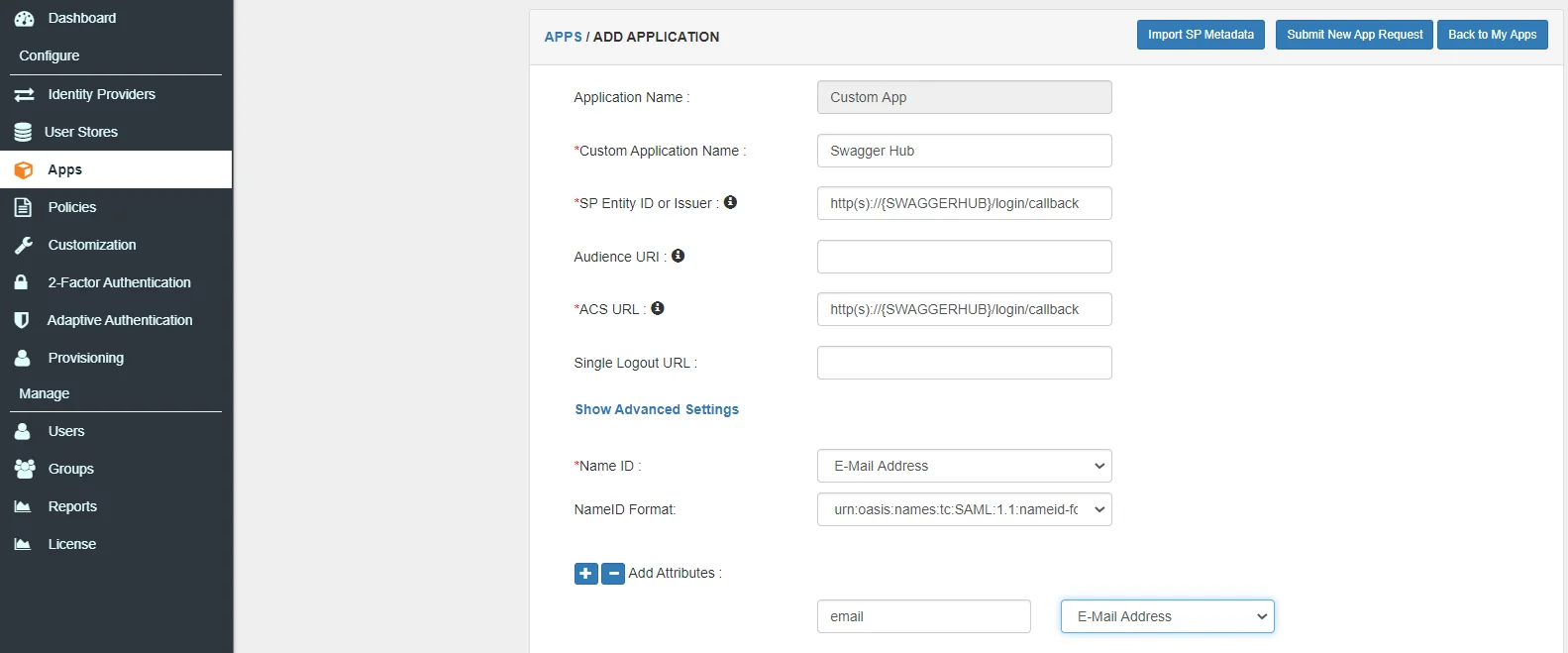 SwaggerHub Single Sign-On (sso) add application