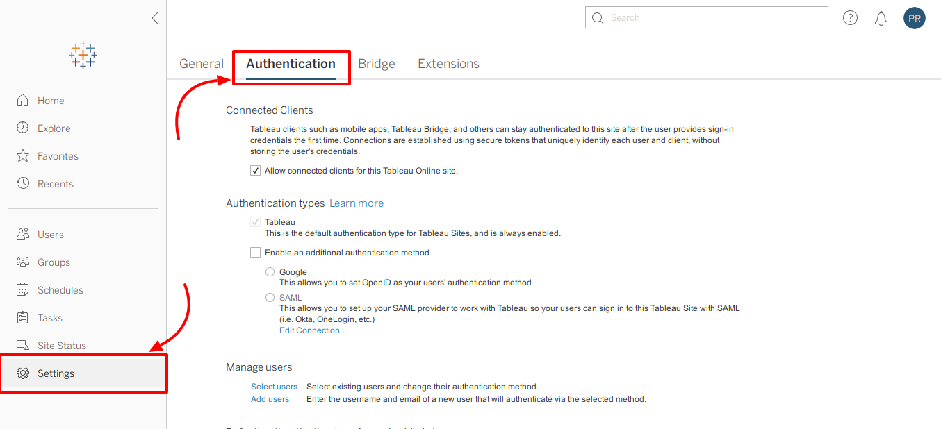 Tableau two-factor authentication (2FA/MFA) : Authentication Settings