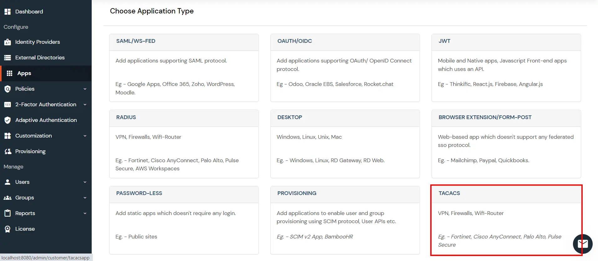 TACACS Client Single Sign-On (SSO) choose app type