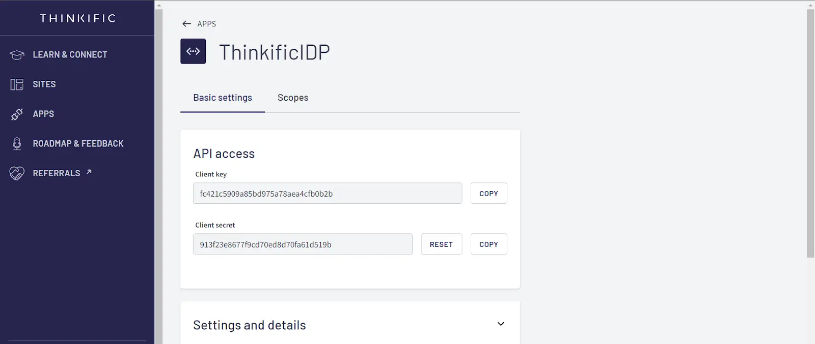 Thinkific as IDP SSO: App Settings