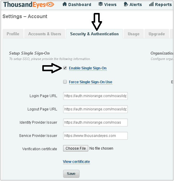 ThousandEyes Single Sign On (sso) idp information