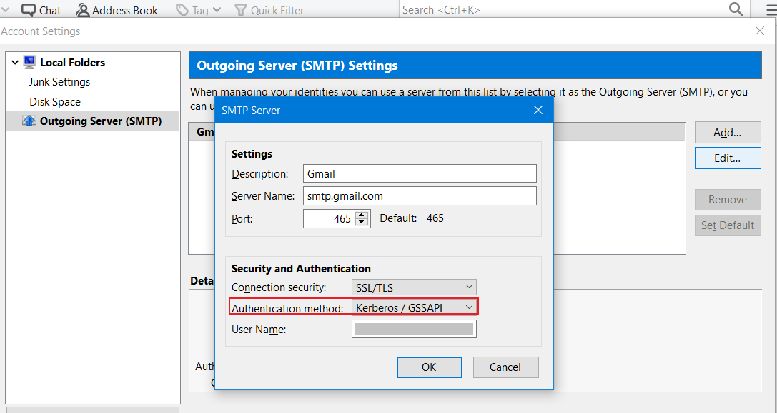 Thunderbird Single Sign On SSO - Kerberos select