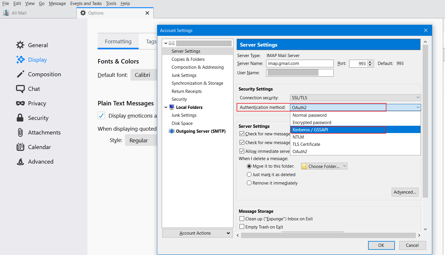 Thunderbird two-factor authentication (2FA) : Select Kerberos.