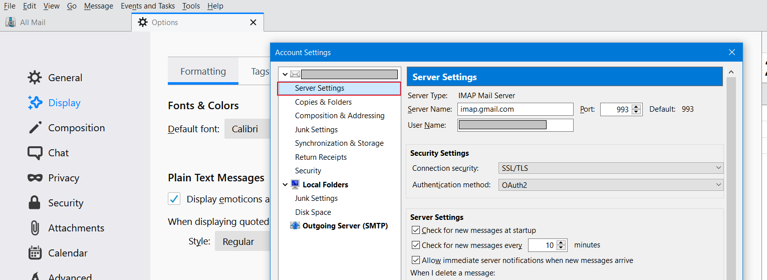 Thunderbird two-factor authentication (2FA) : Go to server settings.