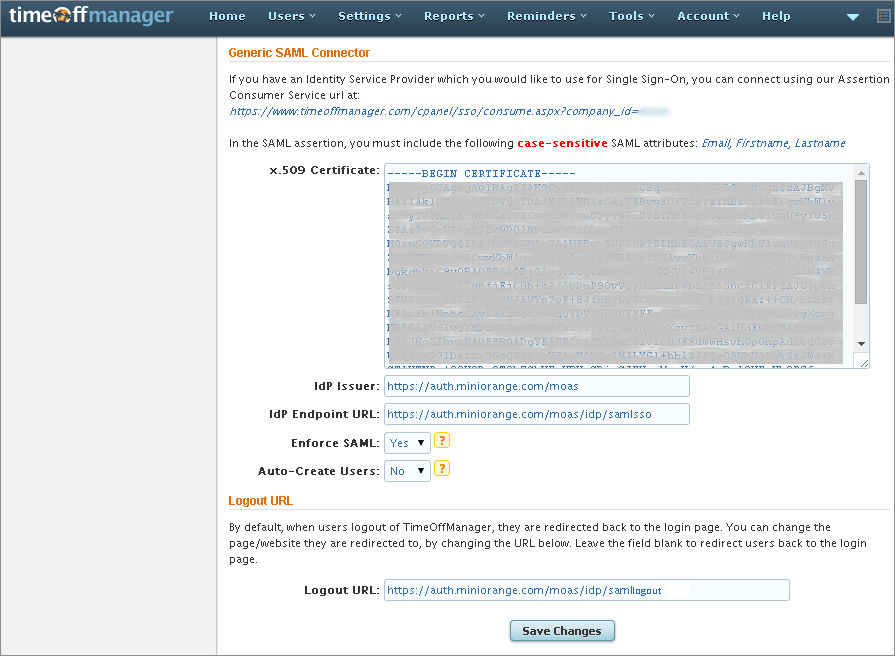 timeoffmanager sso saml settings