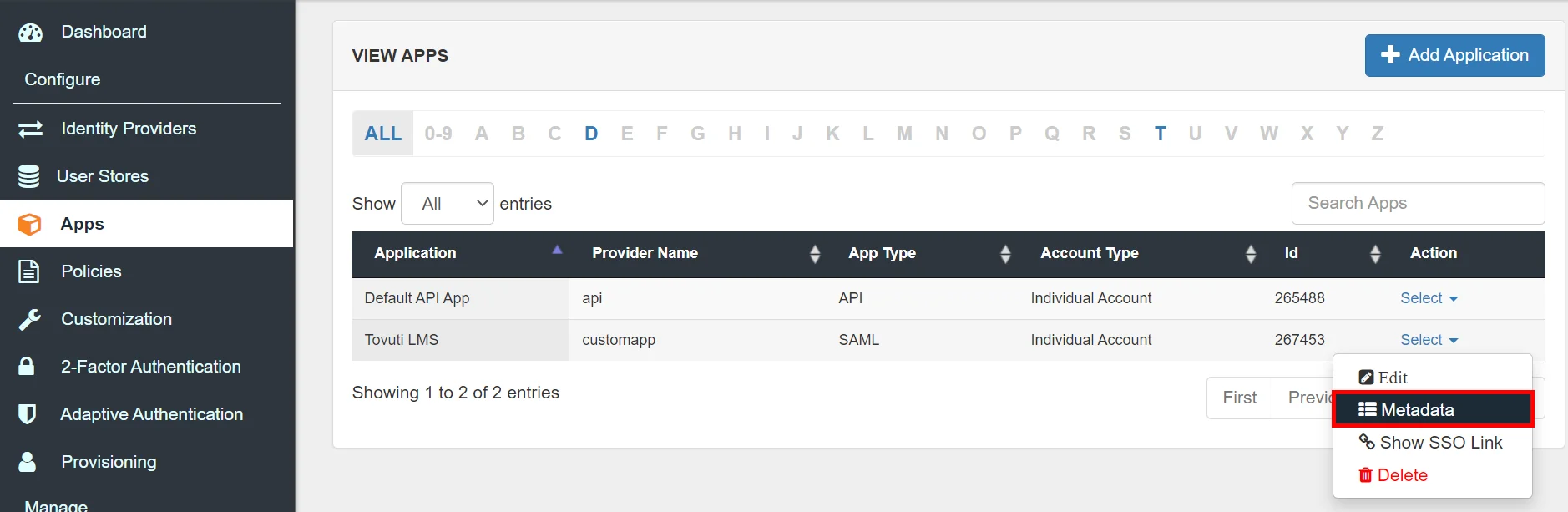 Tovuti LMS Single Sign On (sso) Select Metadata