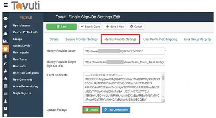 Tovuti LMS Single Sign On (sso) import metadata values