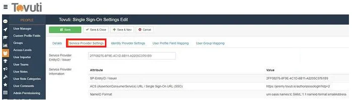 Tovuti LMS Single Sign On (sso) SSO Metadata values