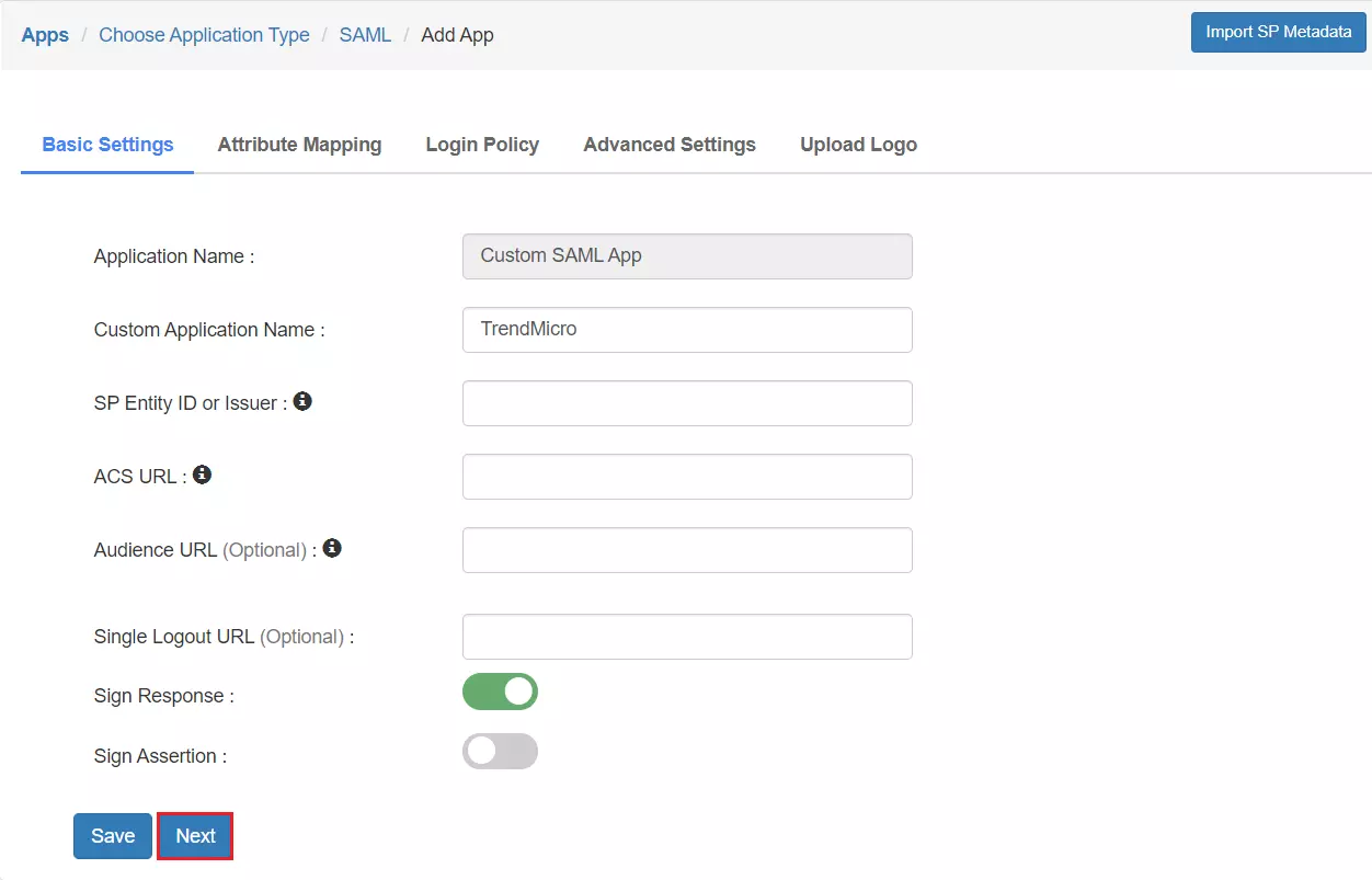 TrendMicro Single Sign-On (sso) Add IdP