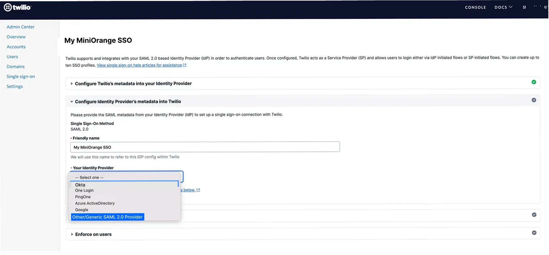 TwilioFlex Single Sign-On (SSO) choose app type