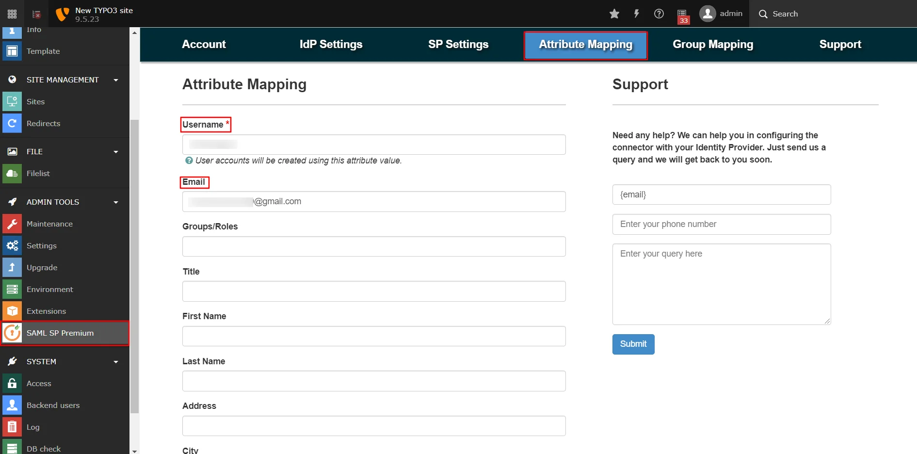 TYPO3 SAML Single Sign-On attribute mapping