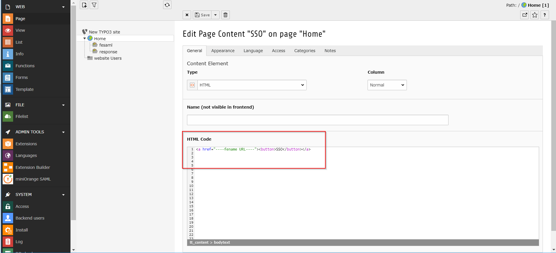 TYPO3 SAML SSO buttoncode