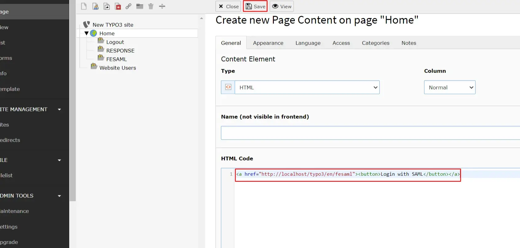 Insert button code to SSO into TYPO3