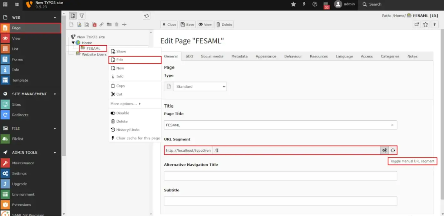 TYPO3 fesaml page sso url settings