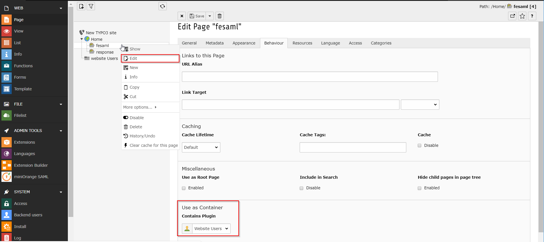 TYPO3 SAML SSO editpage