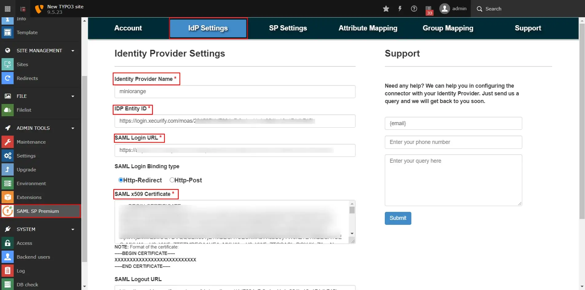 Entity id, SAML certificate and SAML login URL for TYPO3 SSO