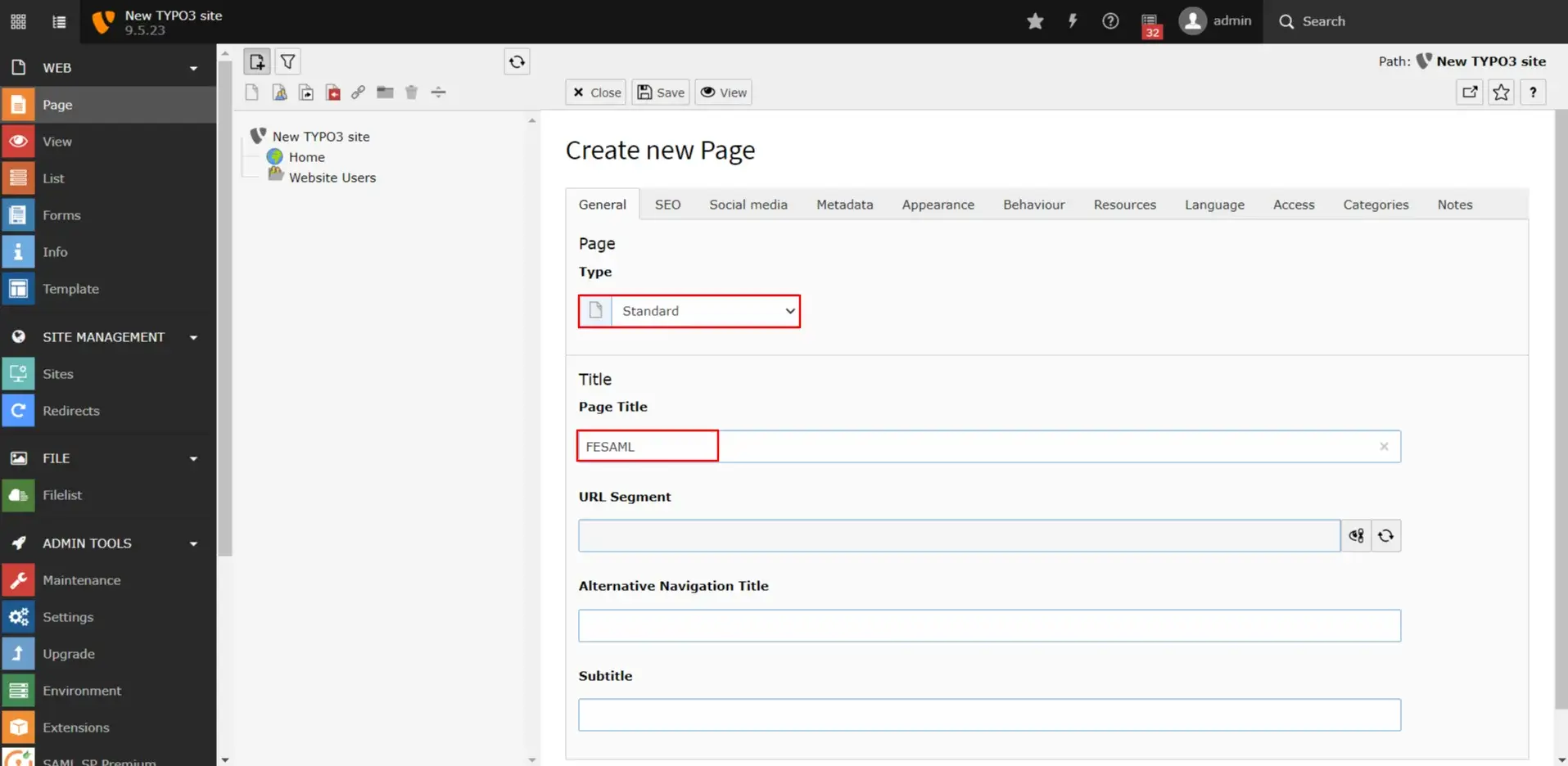 Set page name as FESAML to SSO using TYPO3