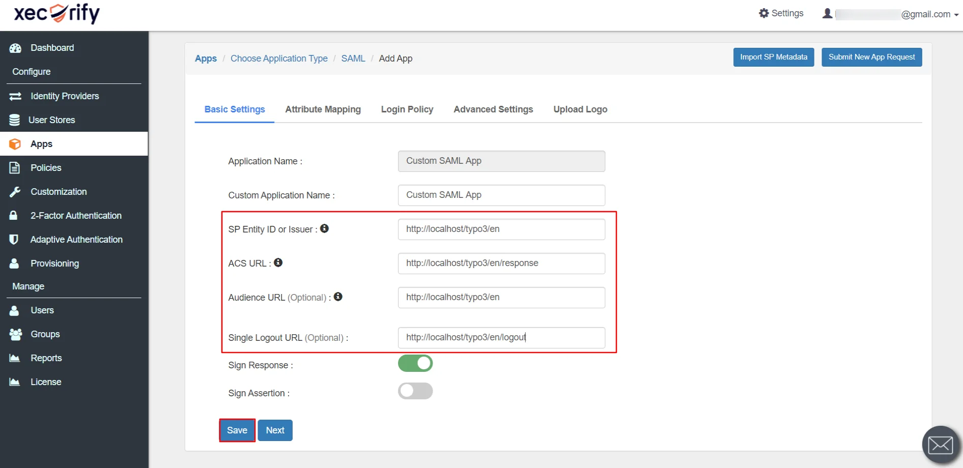 TYPO3 Single Sign-On (sso) Add SAML Application