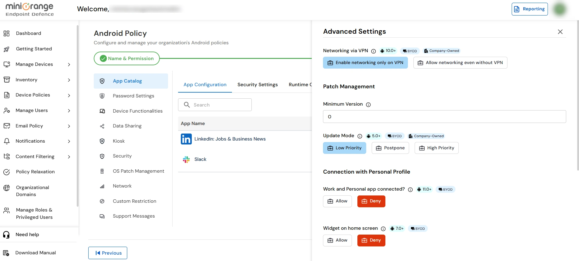 Advanced settings panel with Update Mode Patch Management and Widgets options