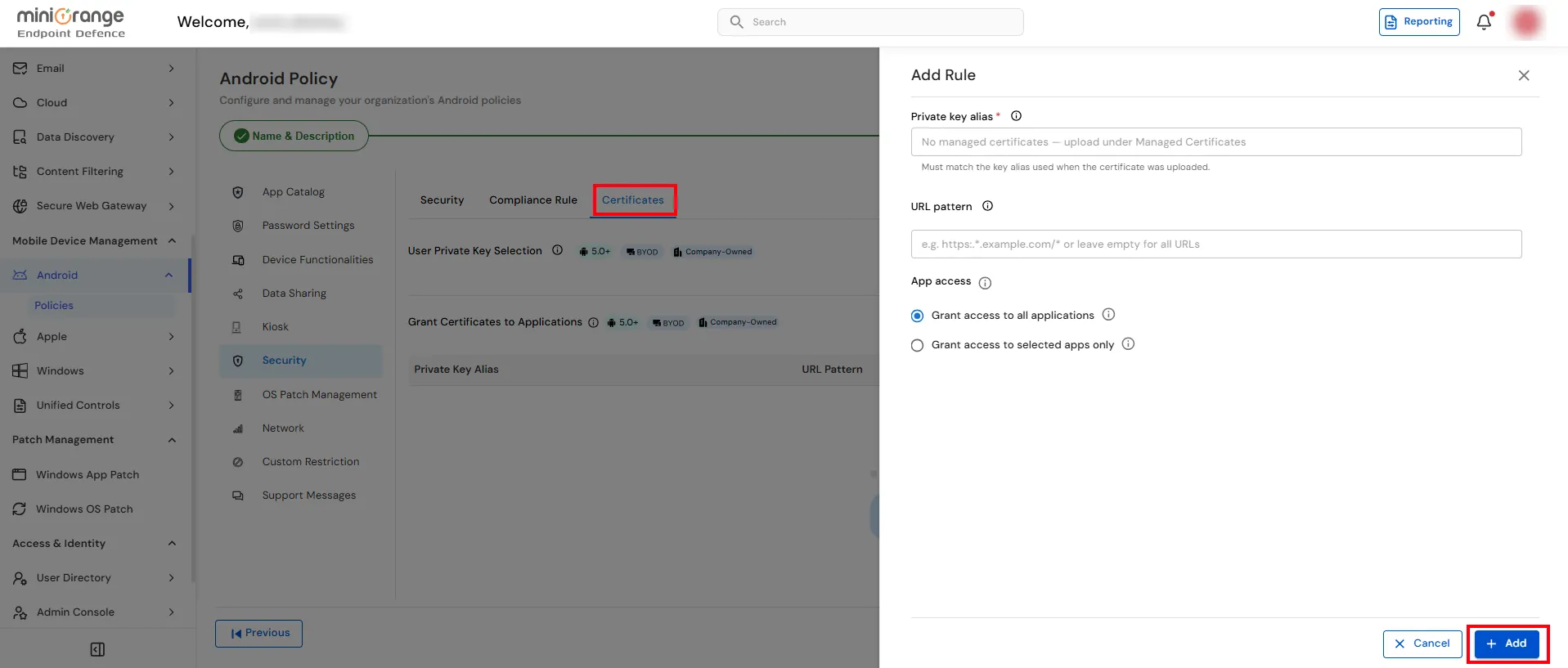 Configure certificate access 