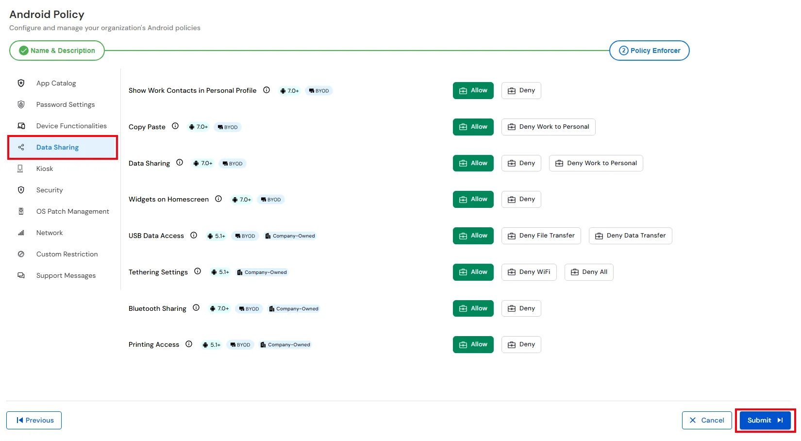 Submit Data Sharing settings in miniOrange UEM