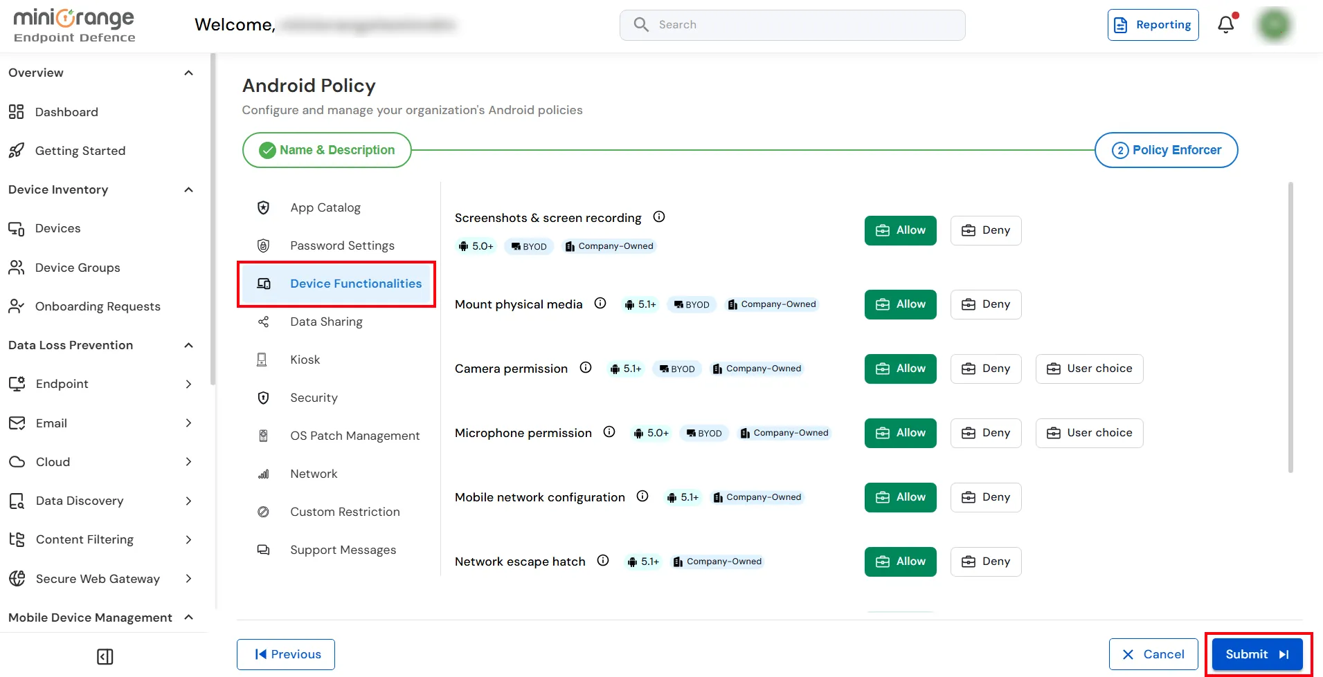 Submit device functionalities settings for Android Enterprise MDM policy and BYOD enrollment