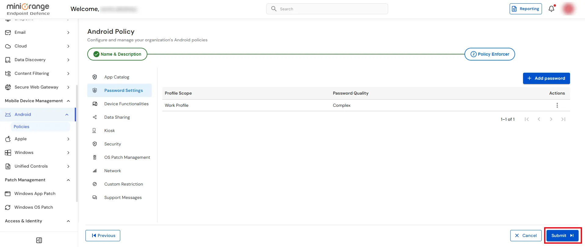 Submit password settings for Android Enterprise MDM policy and BYOD enrollment