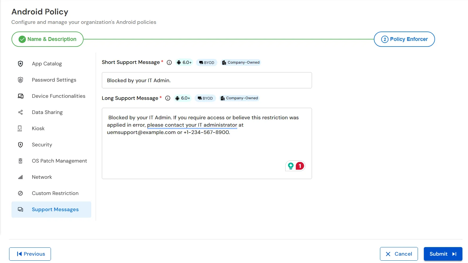Submit Support Message