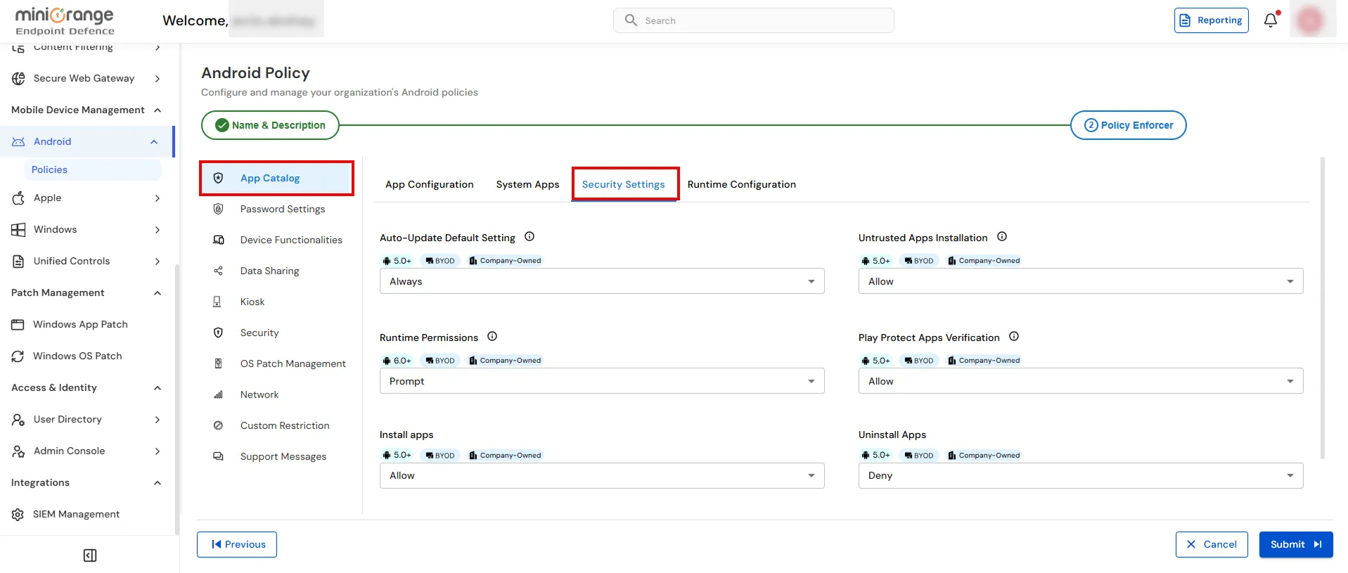 Configure security settings for Android Enterprise MDM policy and BYOD enrollment