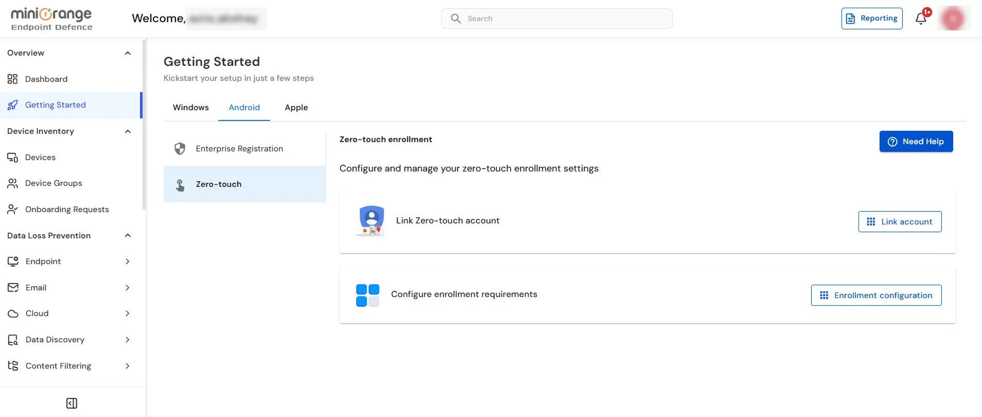 Getting Started, Android tab, Enterprise Registrations in miniOrange UEM