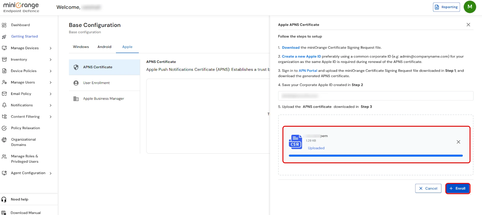 Upload APNs certificate