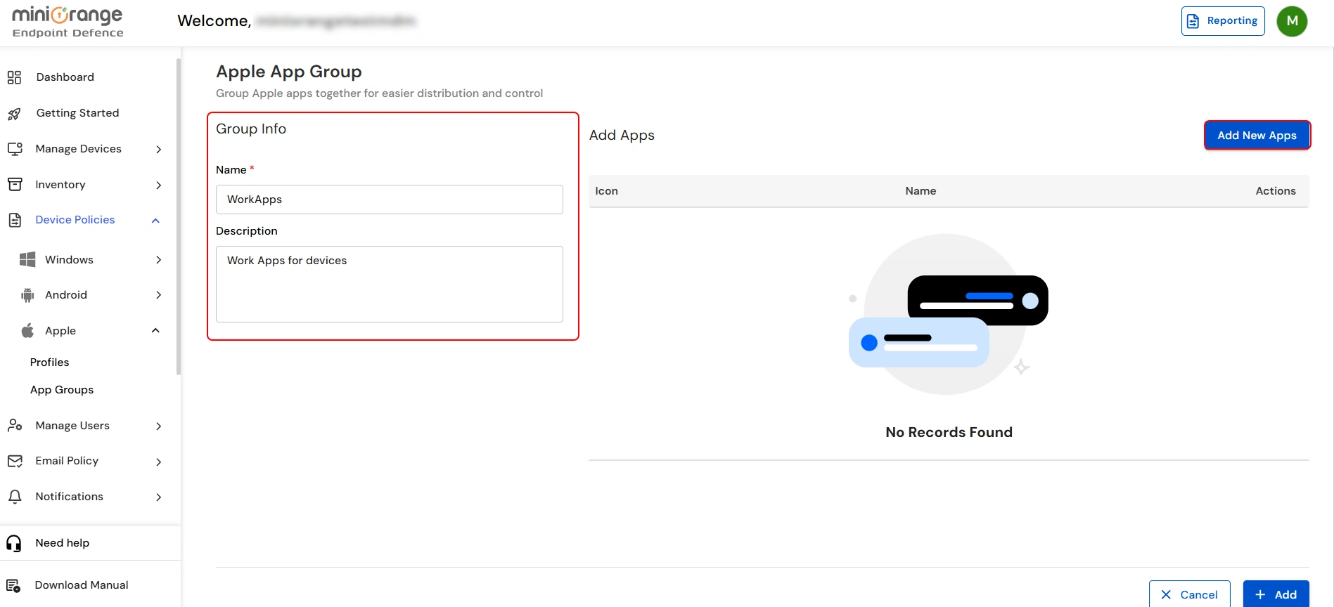 iOS App Group form with name description and Add New Apps button