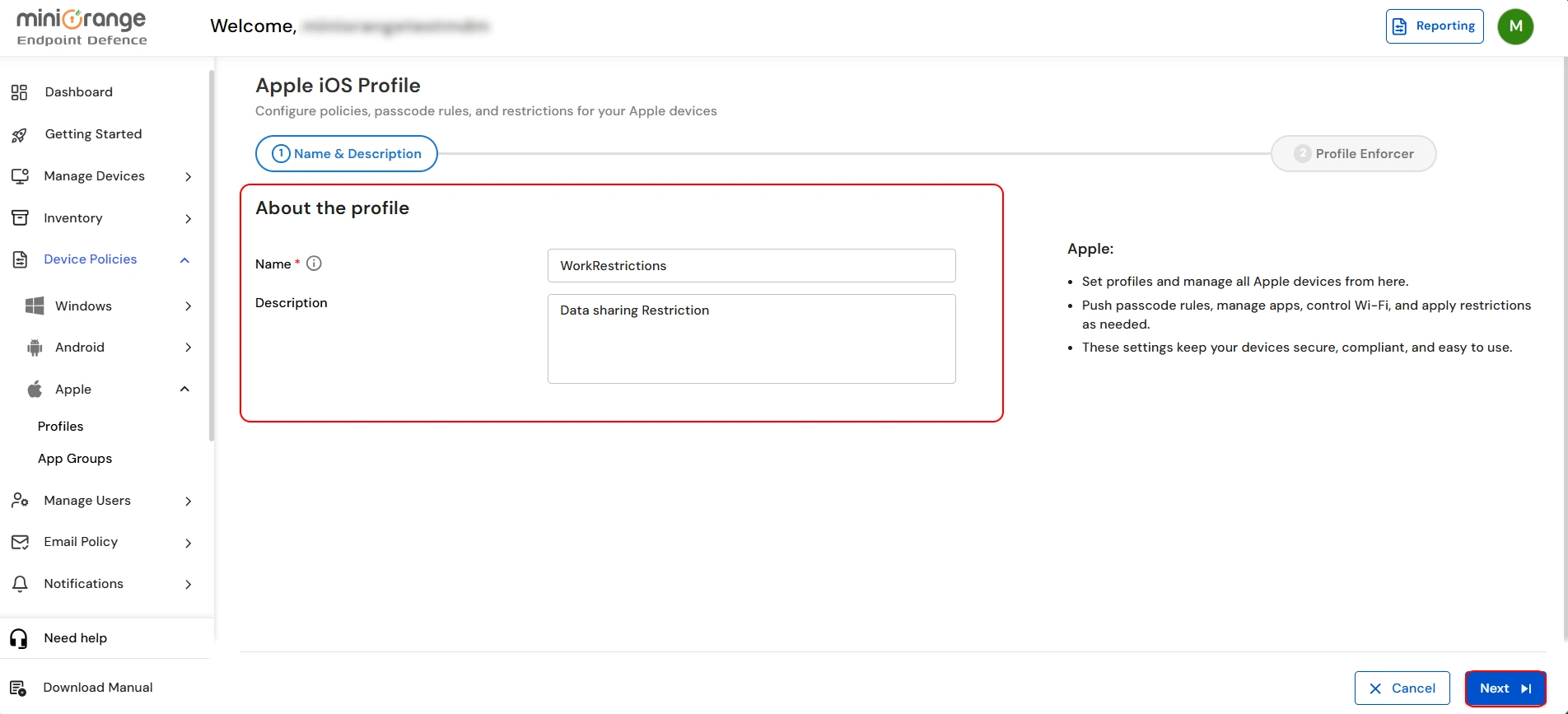 iOS MDM profile creation form with name and description fields