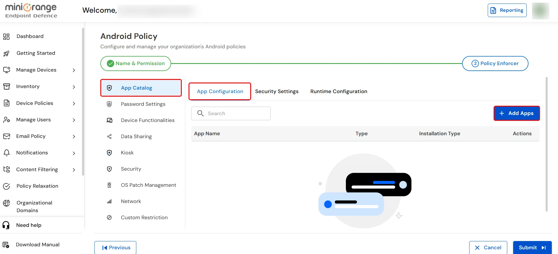 App Catalog section with Add Apps option for Android MDM policy