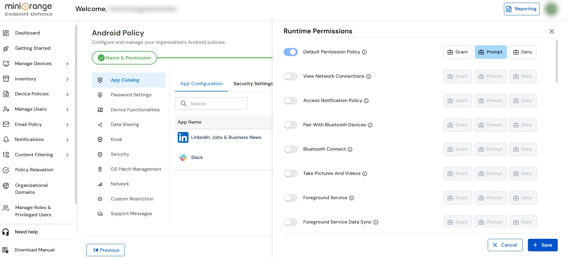 Runtime permissions configuration options for Android MDM managed apps