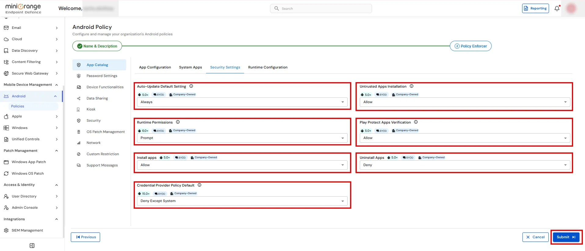 Security settings options for Android Enterprise MDM policy and BYOD enrollment
