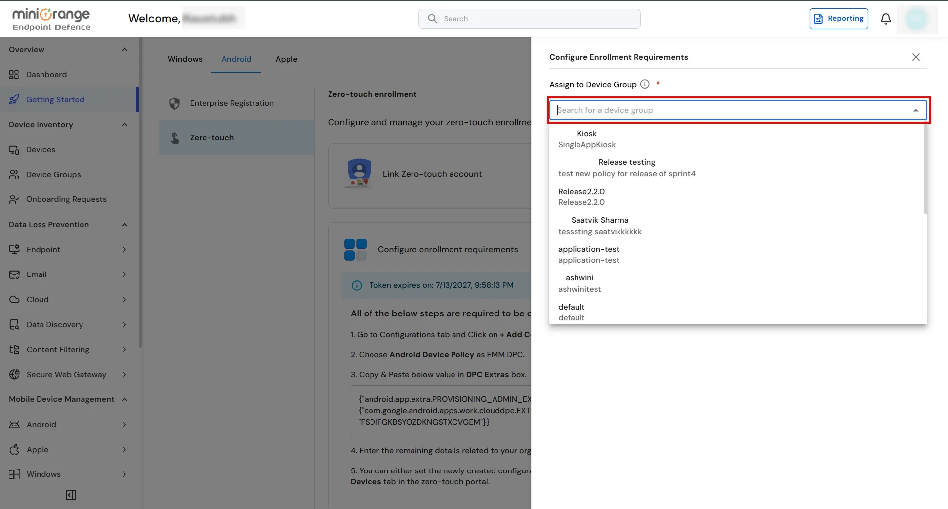 Select group for Zero-Touch enrollment configuration
