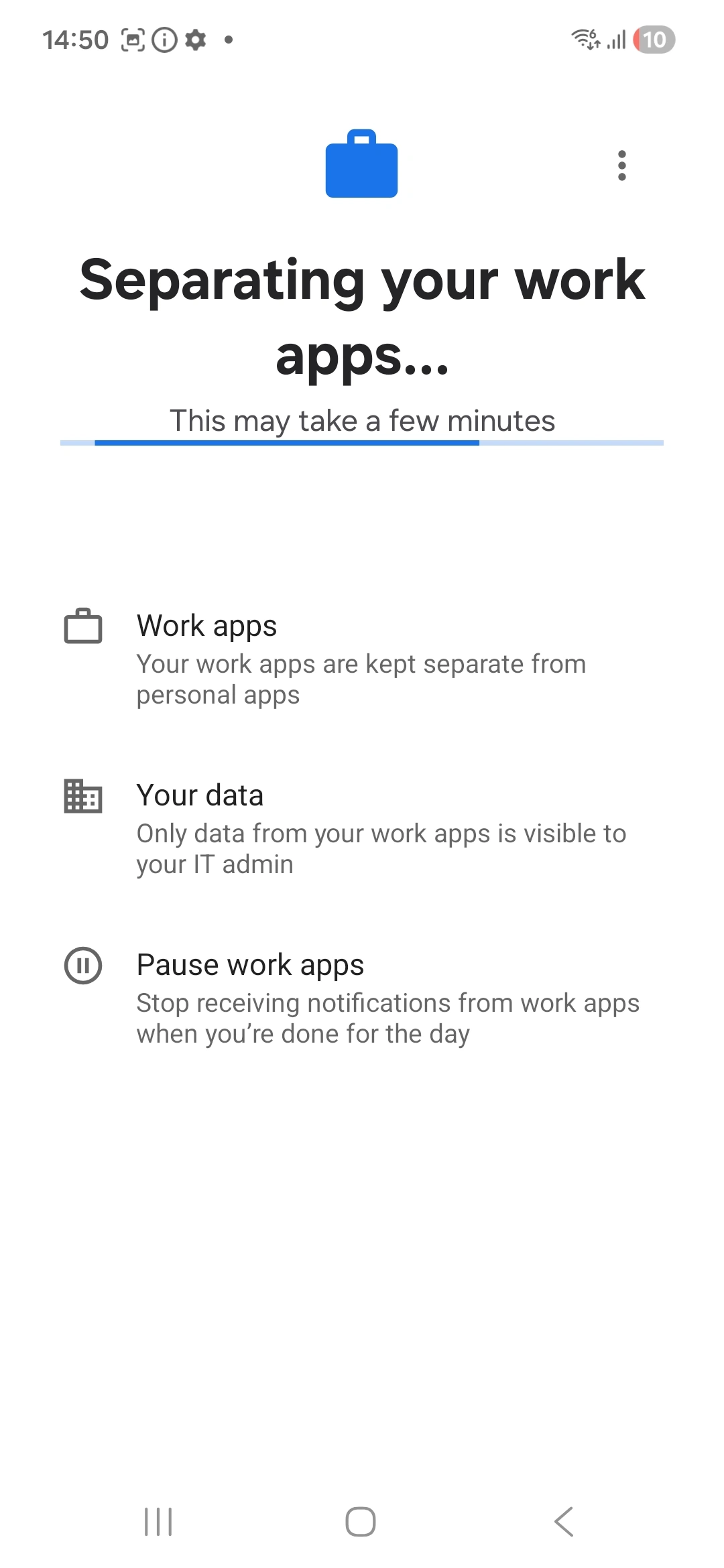 Android Work Profile data setup progress during Android Enterprise MDM enrollment on mobile device