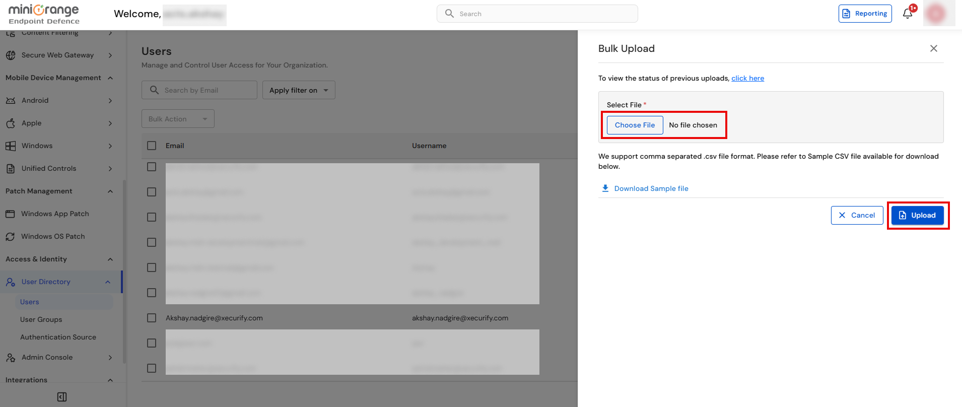 Carica il file CSV degli utenti per la registrazione in blocco e la gestione dei dispositivi mobili in Android Enterprise MDM.