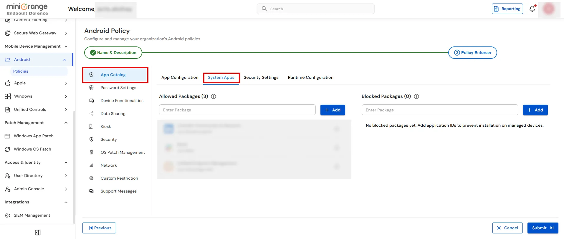 System apps configuration for Android Enterprise MDM policy and BYOD enrollment