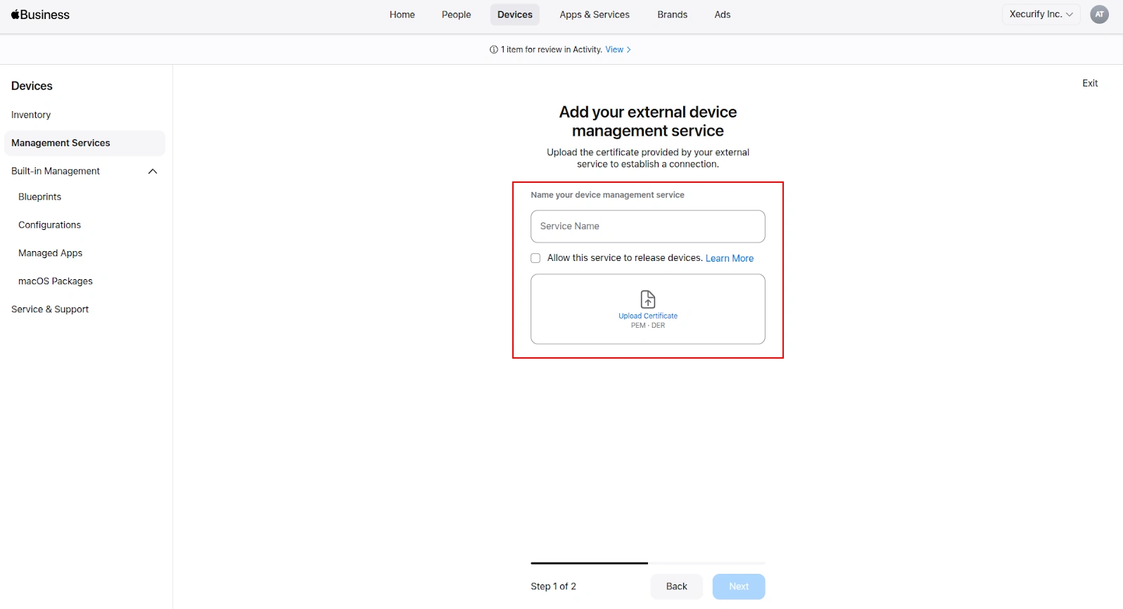 Apple Business Manager Add External Service popup