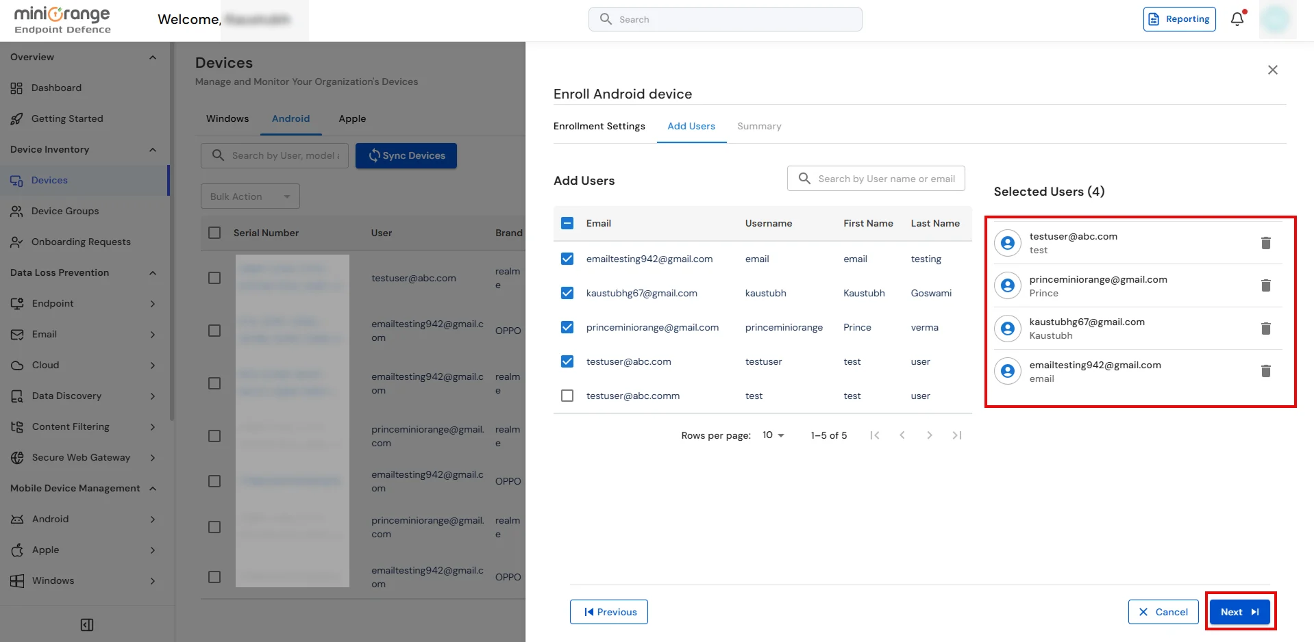 Add users for Android BYOD enrollment in miniOrange UEM
