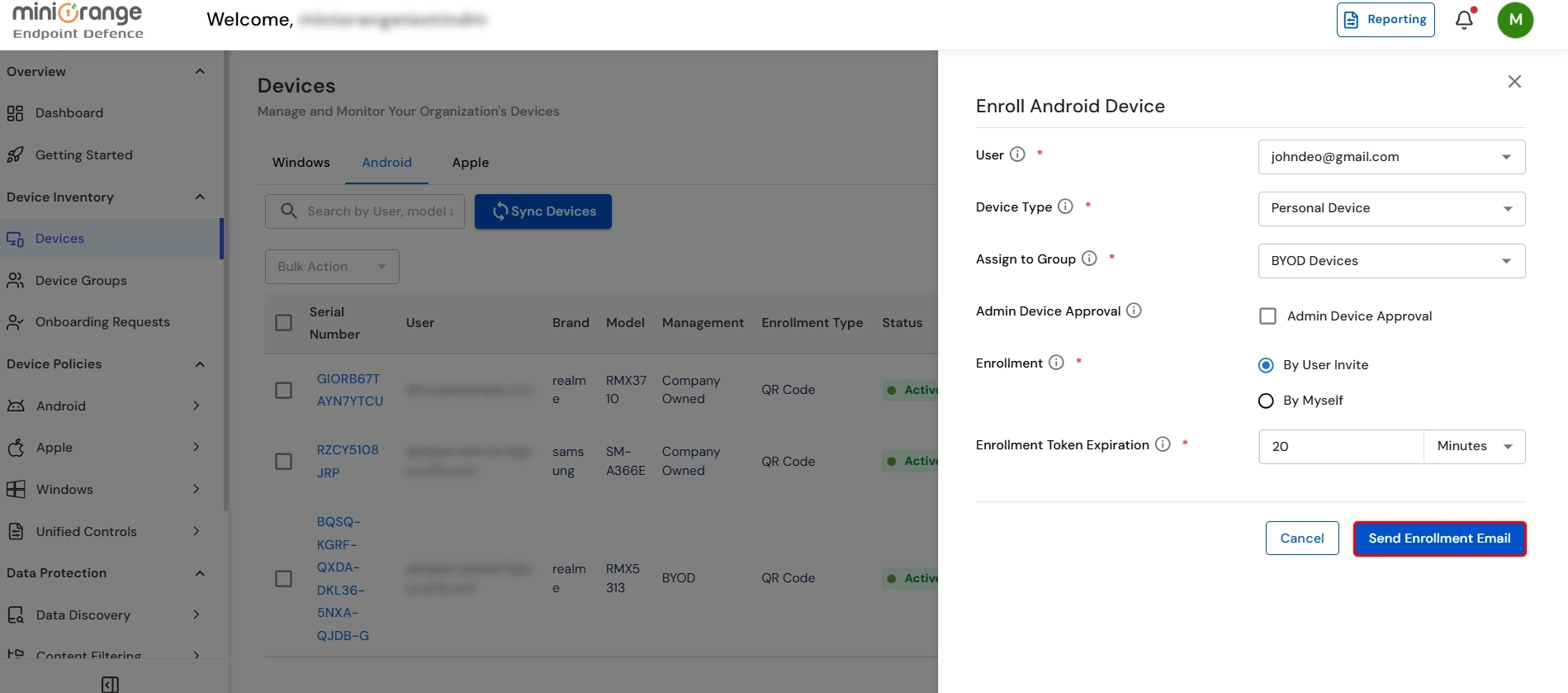 Enroll Android device form in miniOrange UEM with Device Type set to Personal Device for BYOD enrollment