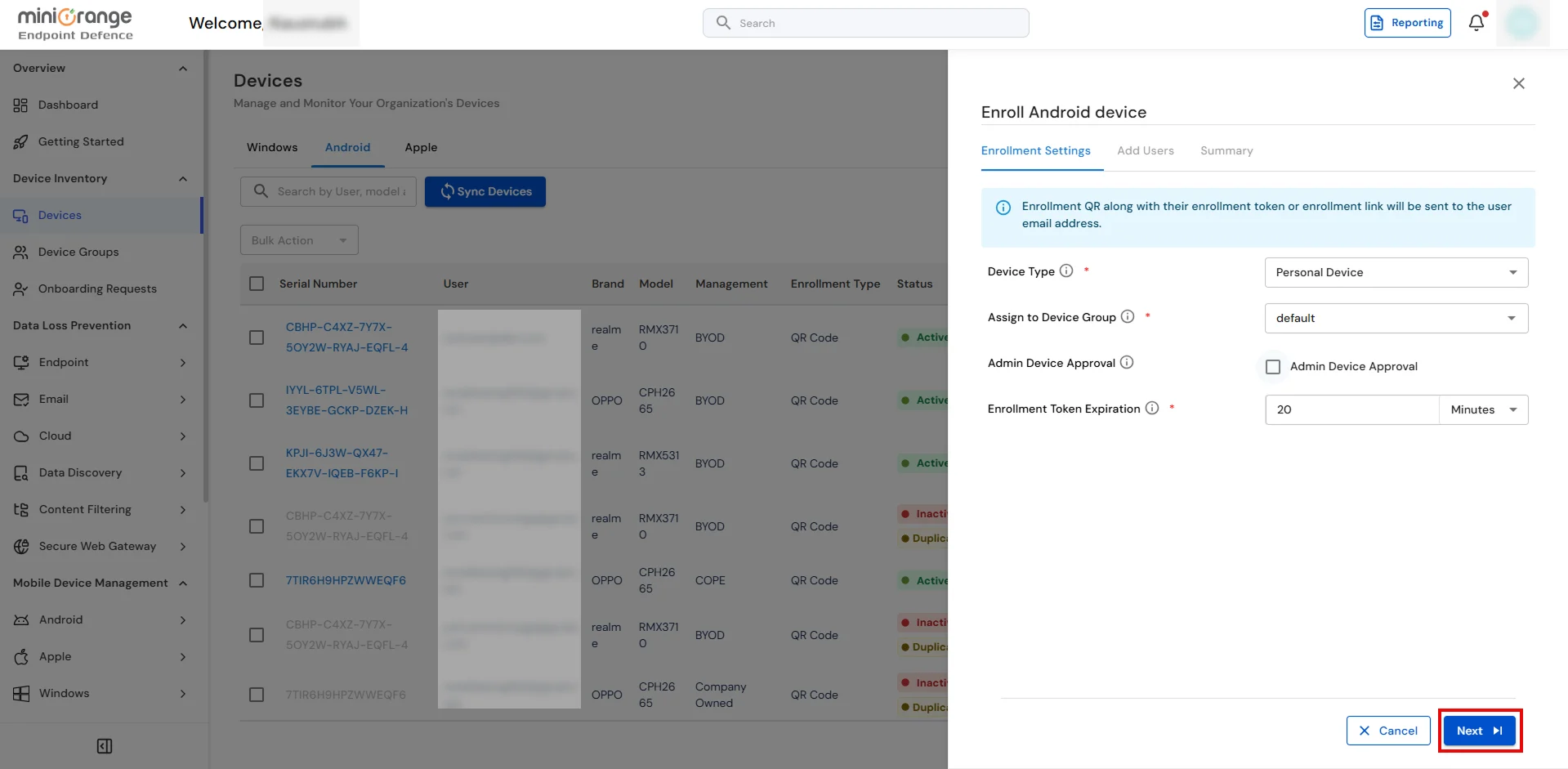 Android BYOD enrollment settings in miniOrange UEM showing device type, device group, admin approval, and enrollment token expiration