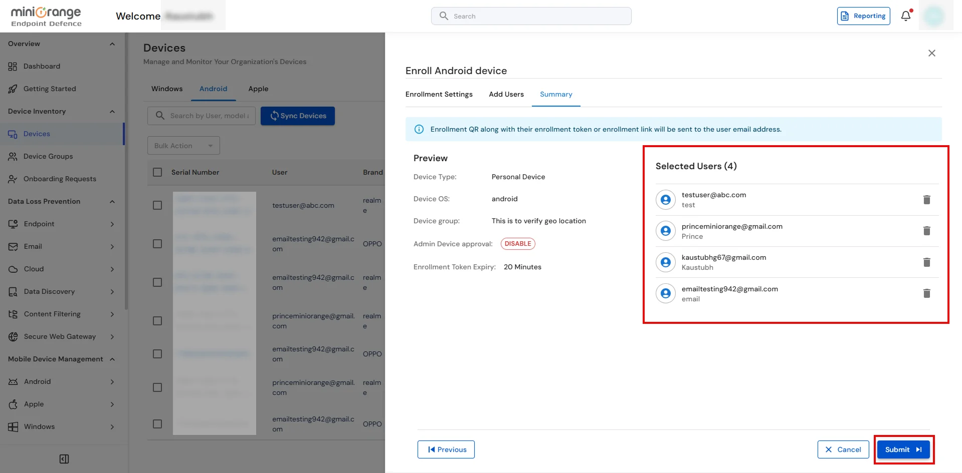 Android BYOD enrollment summary showing Send Email and Show Here options