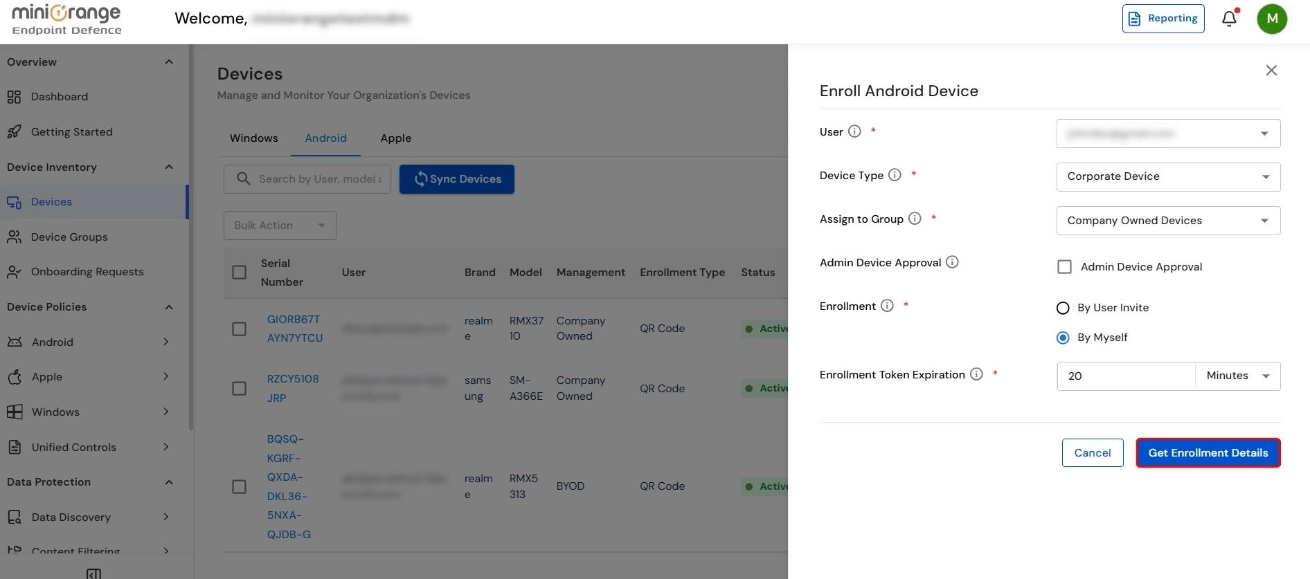 Enroll Android device form in miniOrange UEM with Device Type set to Corporate Device for company owned enrollment