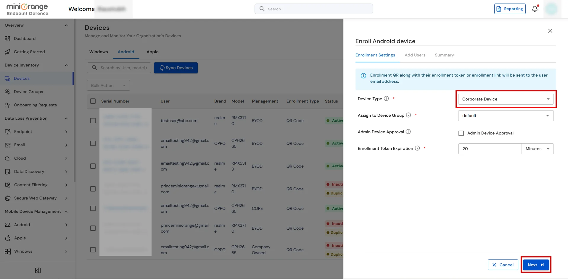 Corporate Android enrollment settings showing Device Type, Device Group, Admin Approval and Enrollment Token Expiration