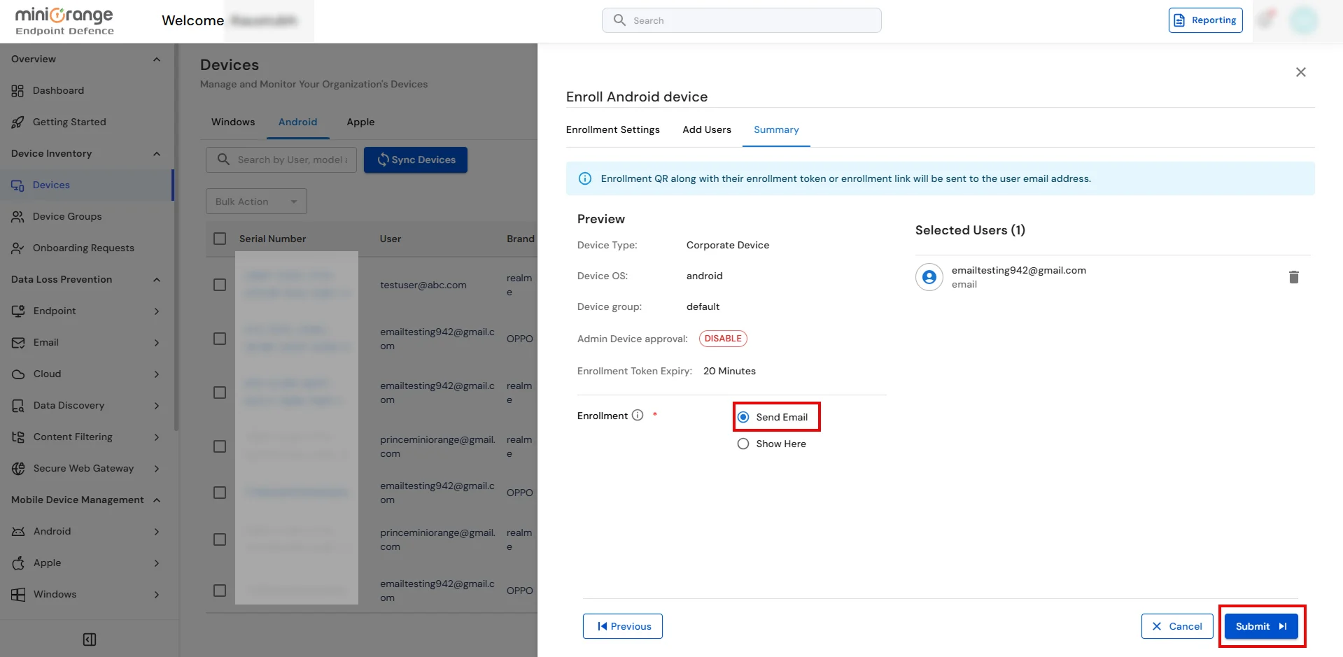 Corporate Android enrollment summary showing Send Email and Show Here options