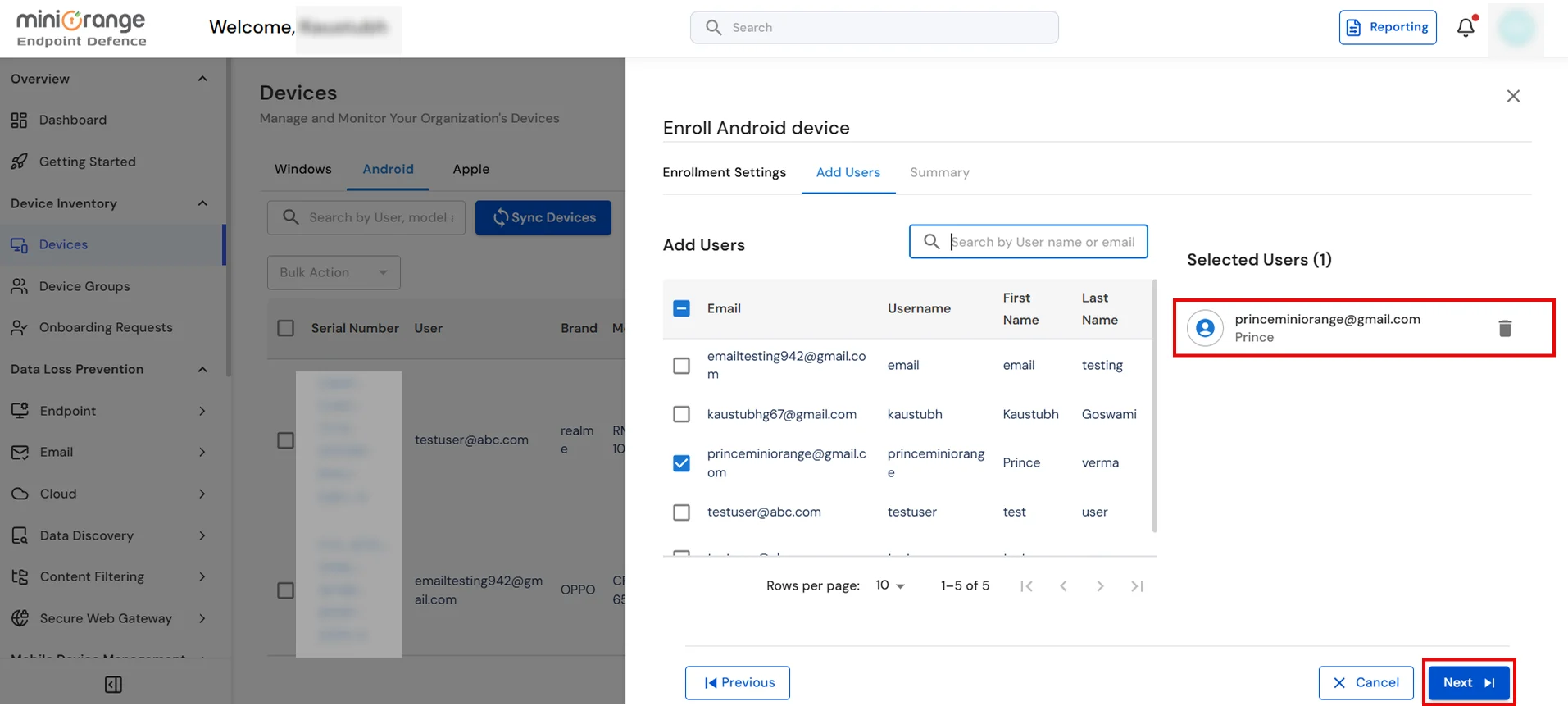 Select a user during COPE Android device enrollment in miniOrange UEM