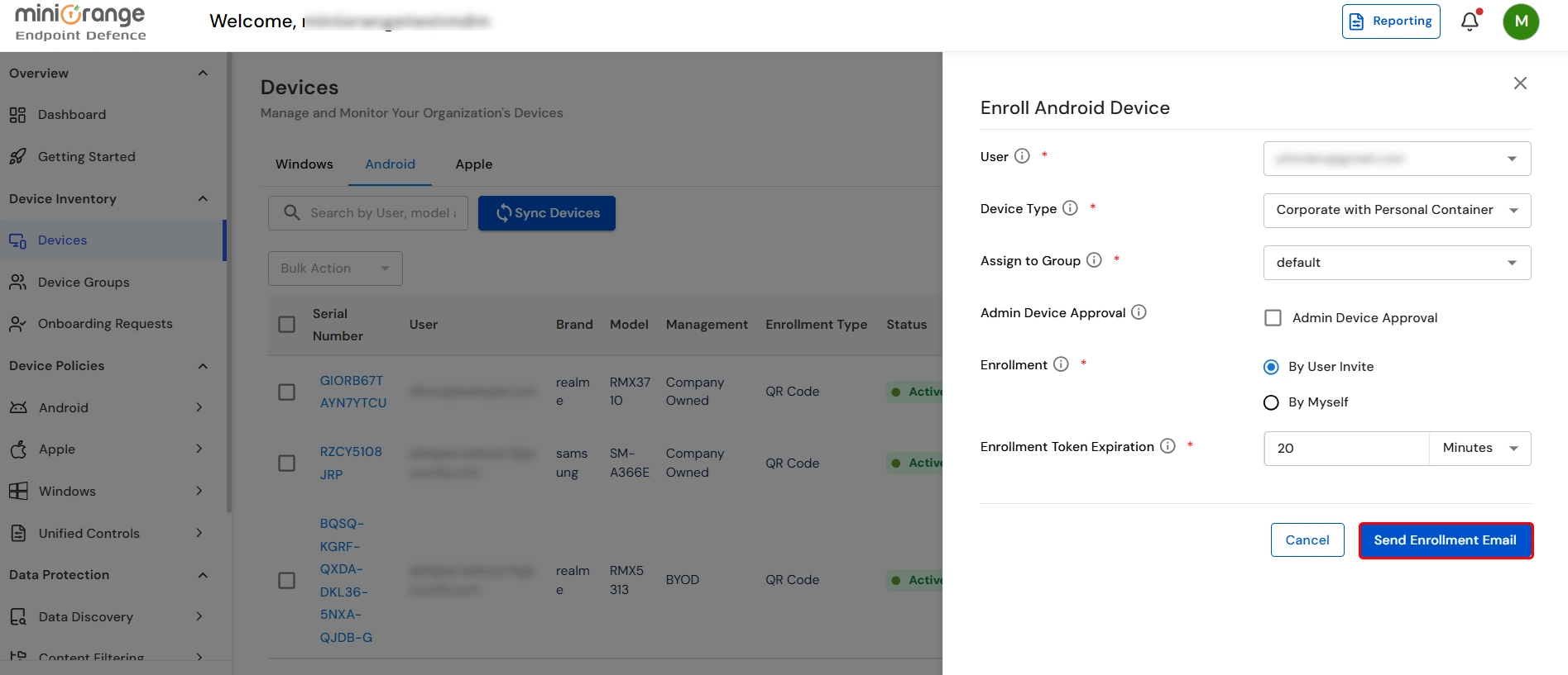 Enroll Android device form in miniOrange UEM with Device Type set to Corporate with Personal Container for COPE enrollment